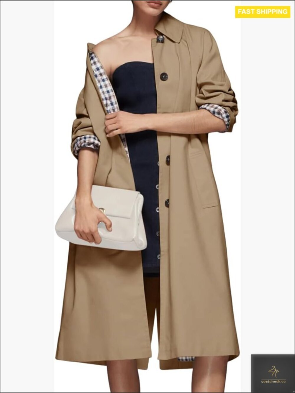 Oversized Trench Coat Classic Lapel Single Breasted Plaid Lined Windproof